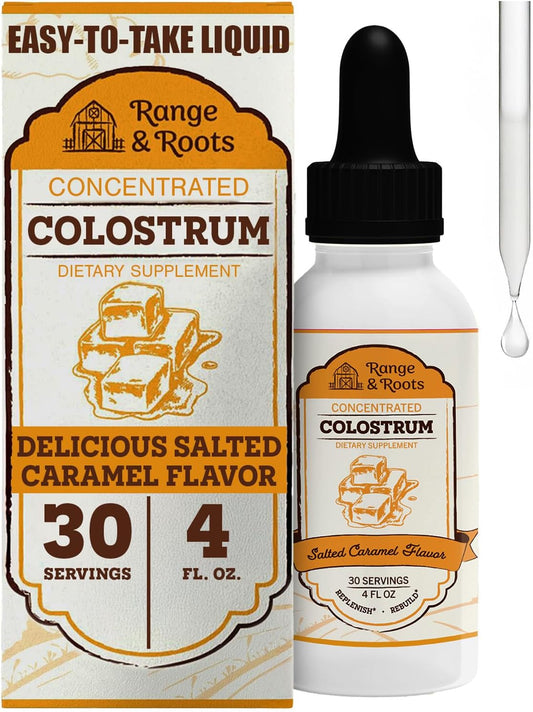 Range & Roots Colostrum Supplement - Liquid Bovine Colostrum - Alternative to Colostrum Powder - Support Gut Health, Immunity, Energy - Healthy Hair, Skin & Nails - Salted Caramel Flavor (30 Servings)