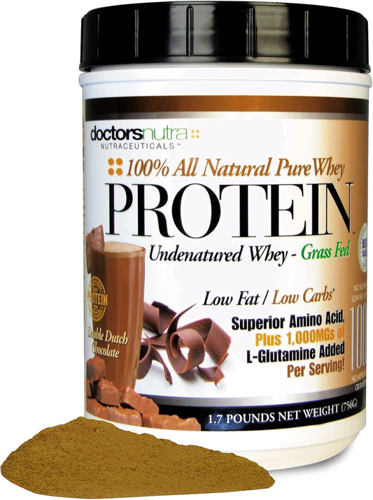 Pure Grass Fed Whey Protein Double Dutch Chocolate Flavor - Ultrafiltered, Low Carb, No Artificial Sweeteners or Flavors, with BCAAs and 1000 mg L-Glutamine - 1.7 Pounds