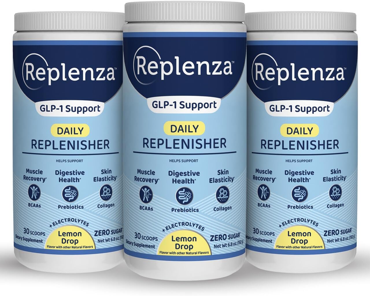 Replenza Daily Replenisher GLP-1 Nutritional Support, Powder, Muscle Recovery, Digestive Health & Skin Elasticity Mix of Amino Acids, Prebiotics and Collagen Peptides – Lemon Flavored, 3 Pack