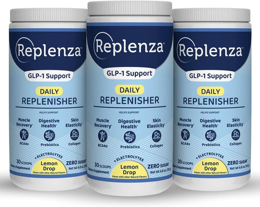 Replenza Daily Replenisher GLP-1 Nutritional Support, Powder, Muscle Recovery, Digestive Health & Skin Elasticity Mix of Amino Acids, Prebiotics and Collagen Peptides – Lemon Flavored, 3 Pack