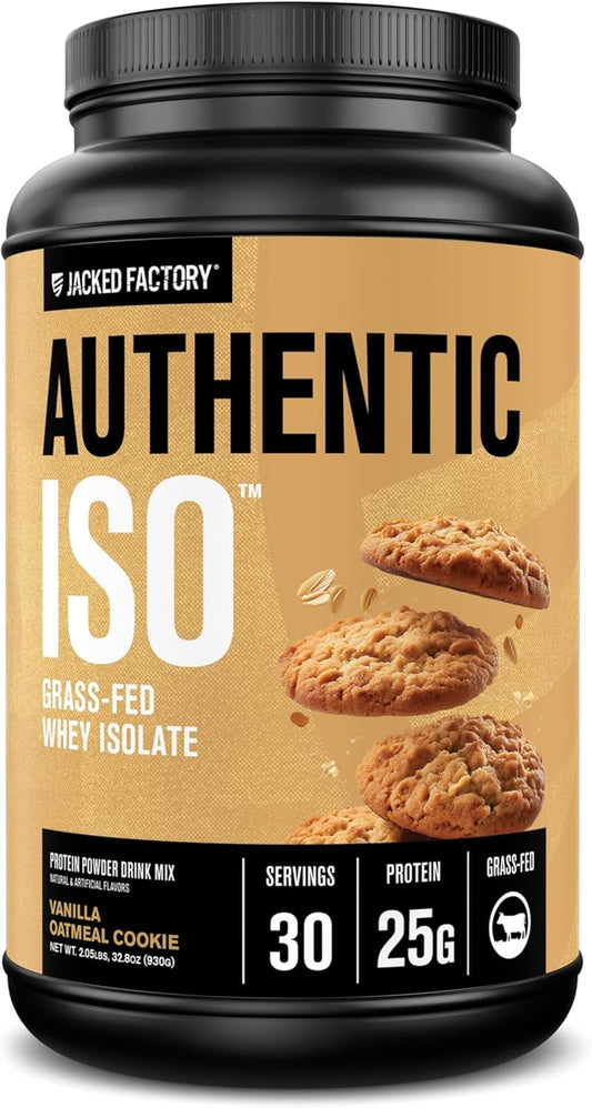 Jacked Factory Authentic ISO Grass Fed Whey Protein Isolate Powder - Low Carb, Non-GMO Muscle Building Protein w\/No Fillers, Post Workout Recovery, Vanilla Oatmeal Cookie