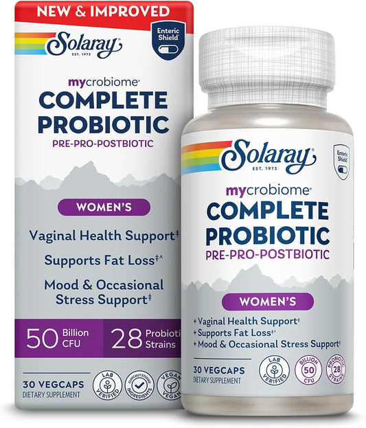 SOLARAY Mycrobiome Complete Probiotic Women\u2019s Formula - Vaginal Probiotics for Women Plus Pre and Postbiotic - 50 Billion CFU, 28 Strains - Vegan, Gluten Free - 30 Serv, 30 VegCaps