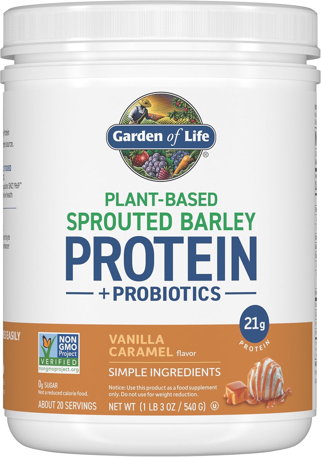 Garden of Life Plant-Based Sprouted Barley Protein, Vanilla Caramel with 21g Protein, 0g Sugar & Clean Ingredients, Upcycled Barley, Probiotics, Non-GMO, use in Shakes, Smoothies & Baking, 20 Servings