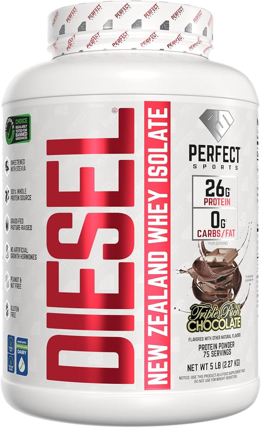 PERFECT SPORTS Diesel 100% New Zealand Whey Protein Isolate | Stevia Sweetened, No Artificial Ingredients, Keto | 0g Carb, 0g Fat, 26g Protein | 5 Pounds (Triple Rich Dark Chocolate)