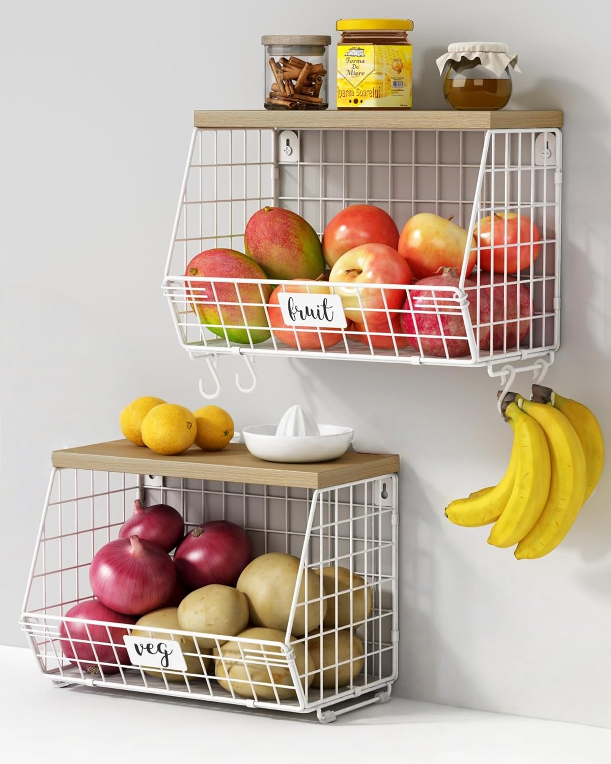 Goozii White Wire Basket Fruit Storage for Kitchen Counter Set of 2, Wall Mount Fruit Basket with Shelf with Banana Hanger, Hanging Countertop Organizer for Bathroom Pantry Cabinet, White + Natural