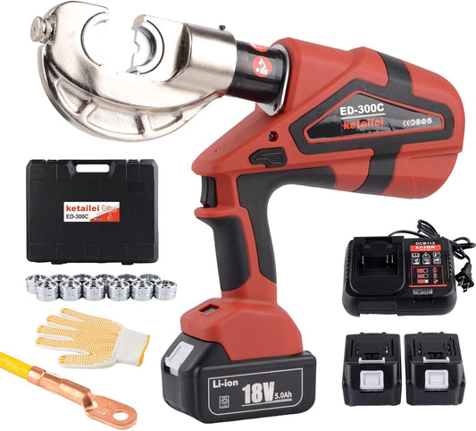 ketailei Electric Hydraulic Cable Crimper - 6 Ton Rechargeable Kit with 12 Dies, 8 AWG-600 MCM for Electrical Terminals & Fiber Optic Cables(ED-300C)