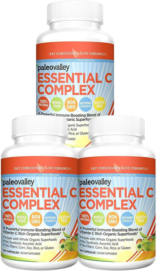 Paleovalley Essential C Complex - Vitamin C Supplement for Immune Support - 3 Pack, 450mg - From Organic Superfoods Unripe Acerola Cherry, Camu Camu, Amla Berry - No Synthetic Ascorbic Acid - USA Made