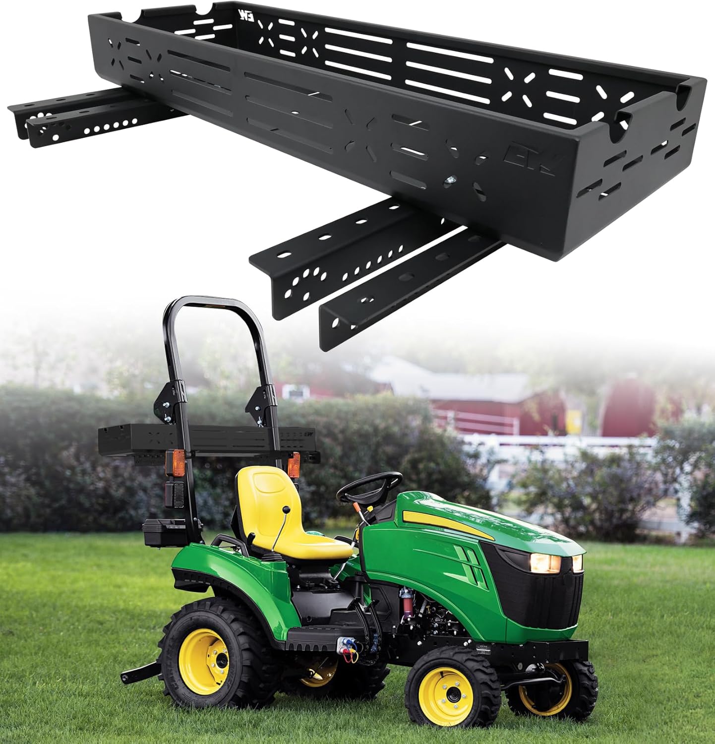 ELITEWILL Universal Tractor Tool Box Tray with Bracket 46.5x15.6x5.7 Inch Extra Large Aluminum Tractor Tool Basket 180 LB Capacity Carrier for Farmers Landscapers Ranchers