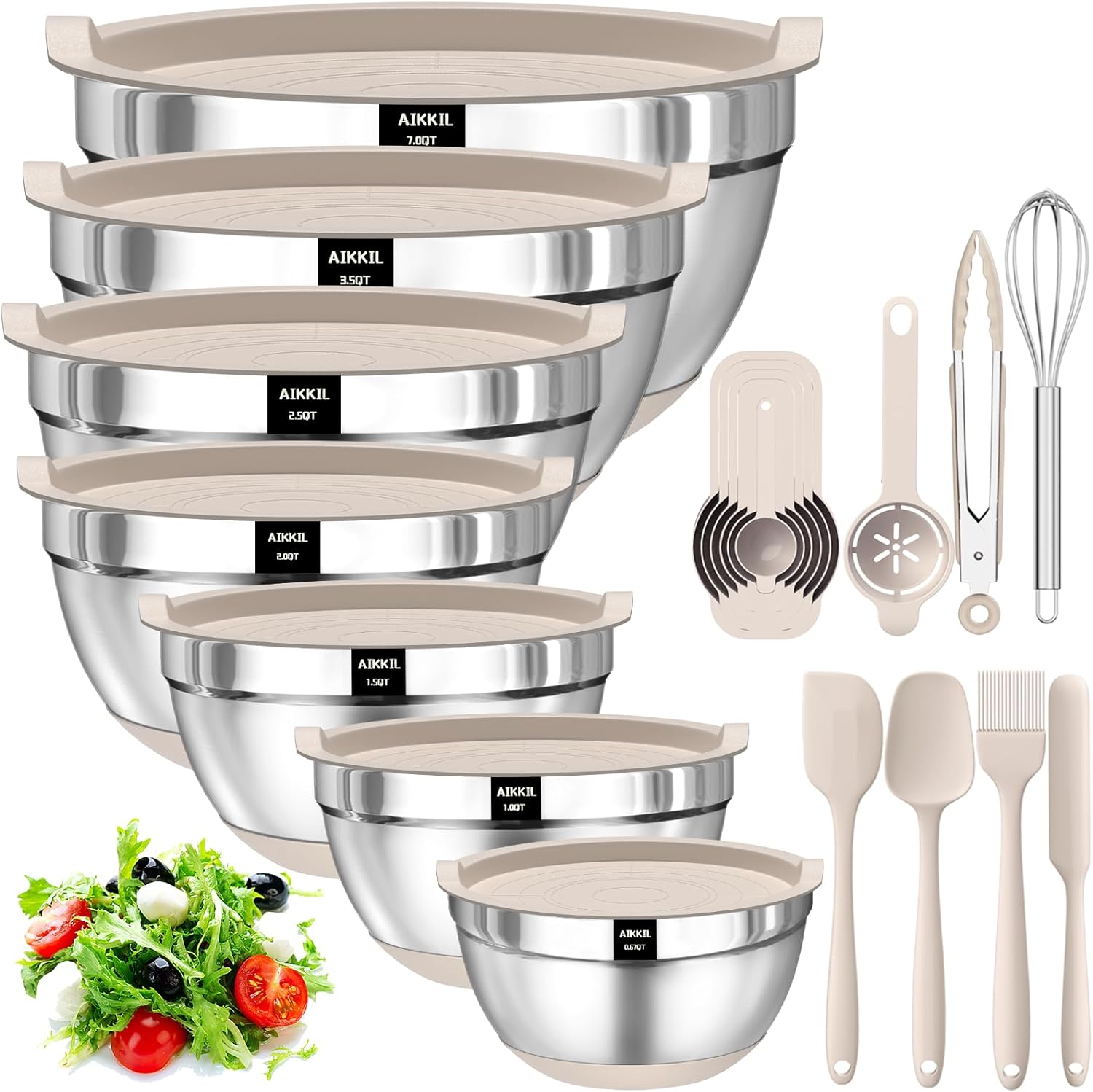 AIKKIL Mixing Bowls with Airtight Lids, 20 piece Stainless Steel Metal Nesting Bowls, Non-Slip Silicone Bottom, Size 7, 3.5, 2.5, 2.0,1.5, 1,0.67QT Great for Mixing, Baking, Serving (Khaki)