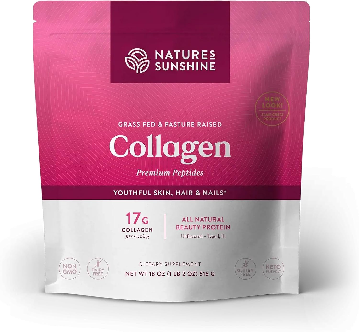 Nature's Sunshine Collagen Powder Type I and III Grass Fed and Pasture Raised Premium Bovine Collagen Peptides 18 Oz