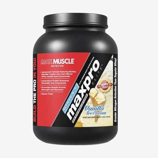 Max Muscle Maxpro Elite Whey Protein Powder | 30g Protein | 0g Sugar | 6.6g BCAAs | Micellar Casein Cold Filtered Whey Isolate Protein | Promotes Muscle Growth & Recovery (Vanilla Ice Cream, 4lb)