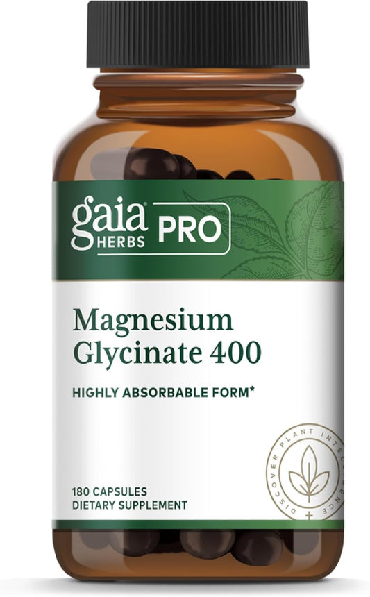 Gaia Herbs PRO Magnesium Glycinate 400mg - Highly Absorbable Supplement Supports Relaxation - Energy Support Supplement with Magnesium Glycinate* - Vegan, Gluten-Free - 180 Capsules (60 Servings)