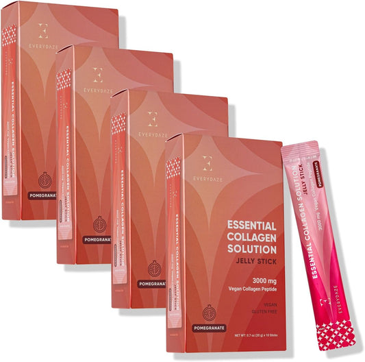 EVERYDAZE Essential Collagen Solution Jelly Stick | 40 Pack (4 x 10ct) | Vegan Collagen Peptide Supplement Packets | Hair, Skin, Nail, Bone Health for Men & Women (40 Pack, Pomegranate)