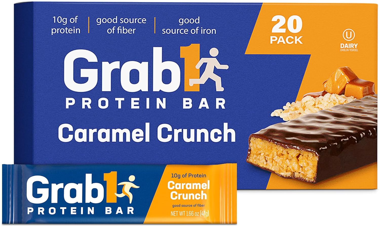 Grab1 Caramel Crunch Protein Bars (20 Bars) | Controls Hunger | Certified Kosher | Delicious Tasting | Low Calorie | Great Meal Replacement or Snack