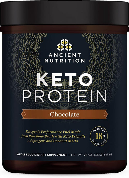 Ancient Nutrition Keto Protein Powder, KetoPROTEIN with Fats from Bone Broth and MCT Oil, Chocolate, 18g Protein 10g Fat Per Serving, Gluten Free, Low Carb, Paleo Friendly, 17 Servings
