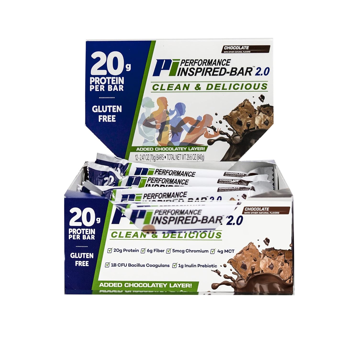 Performance Inspired Nutrition - Protein Bar 2.0 \u2013 Contains: 20G Protein - 6G Fiber - 4g MCTs - 1 Billion CFU Probiotics \u2013 1G Prebiotics - G Free \u2013 BIG 70g bar - Chocolate 12-Ct. Box