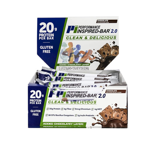 Performance Inspired Nutrition - Protein Bar 2.0 \u2013 Contains: 20G Protein - 6G Fiber - 4g MCTs - 1 Billion CFU Probiotics \u2013 1G Prebiotics - G Free \u2013 BIG 70g bar - Chocolate 12-Ct. Box