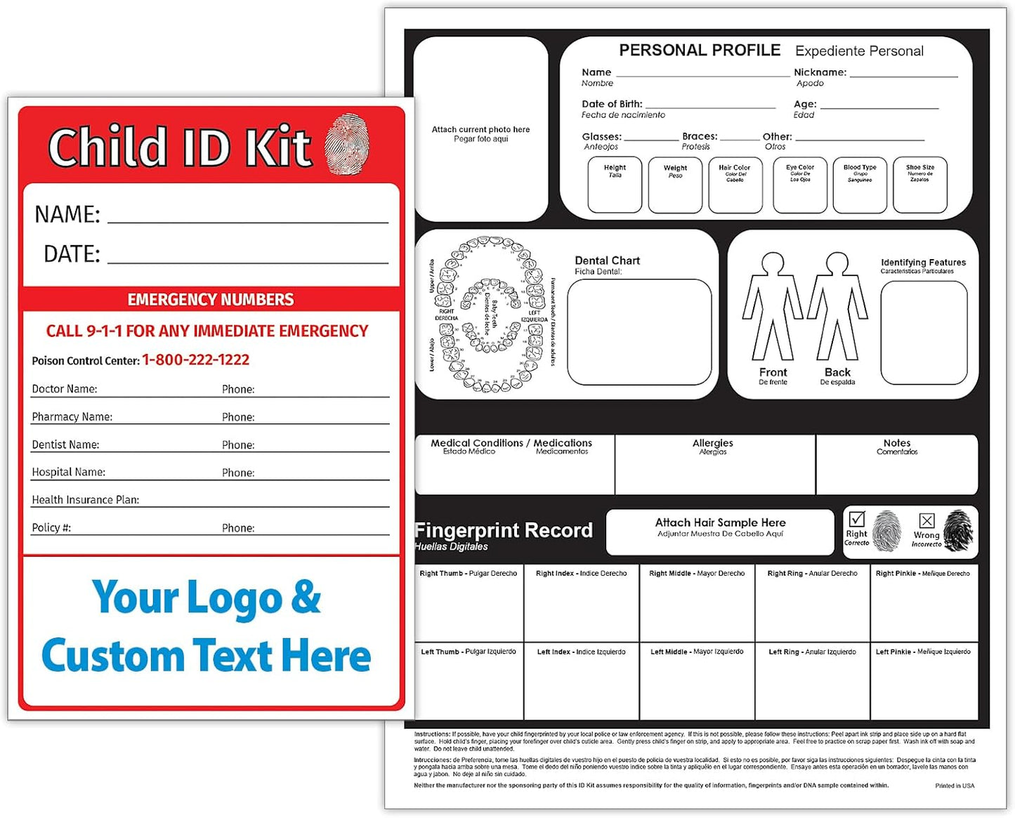 ZOCO \u2013 Custom Child ID Fingerprinting Kits (100-Pack) \u2013 Identification Cards with Ink Strip \u2013 Promotional Safety Handouts with Logo\/Imprint for Schools, Fire, Police \u2013 Emergency Preparedness Tool