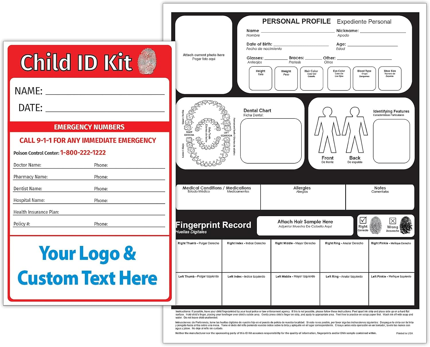ZOCO \u2013 Custom Child ID Fingerprinting Kits (100-Pack) \u2013 Identification Cards with Ink Strip \u2013 Promotional Safety Handouts with Logo\/Imprint for Schools, Fire, Police \u2013 Emergency Preparedness Tool