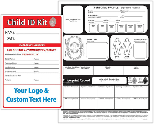 ZOCO \u2013 Custom Child ID Fingerprinting Kits (100-Pack) \u2013 Identification Cards with Ink Strip \u2013 Promotional Safety Handouts with Logo\/Imprint for Schools, Fire, Police \u2013 Emergency Preparedness Tool