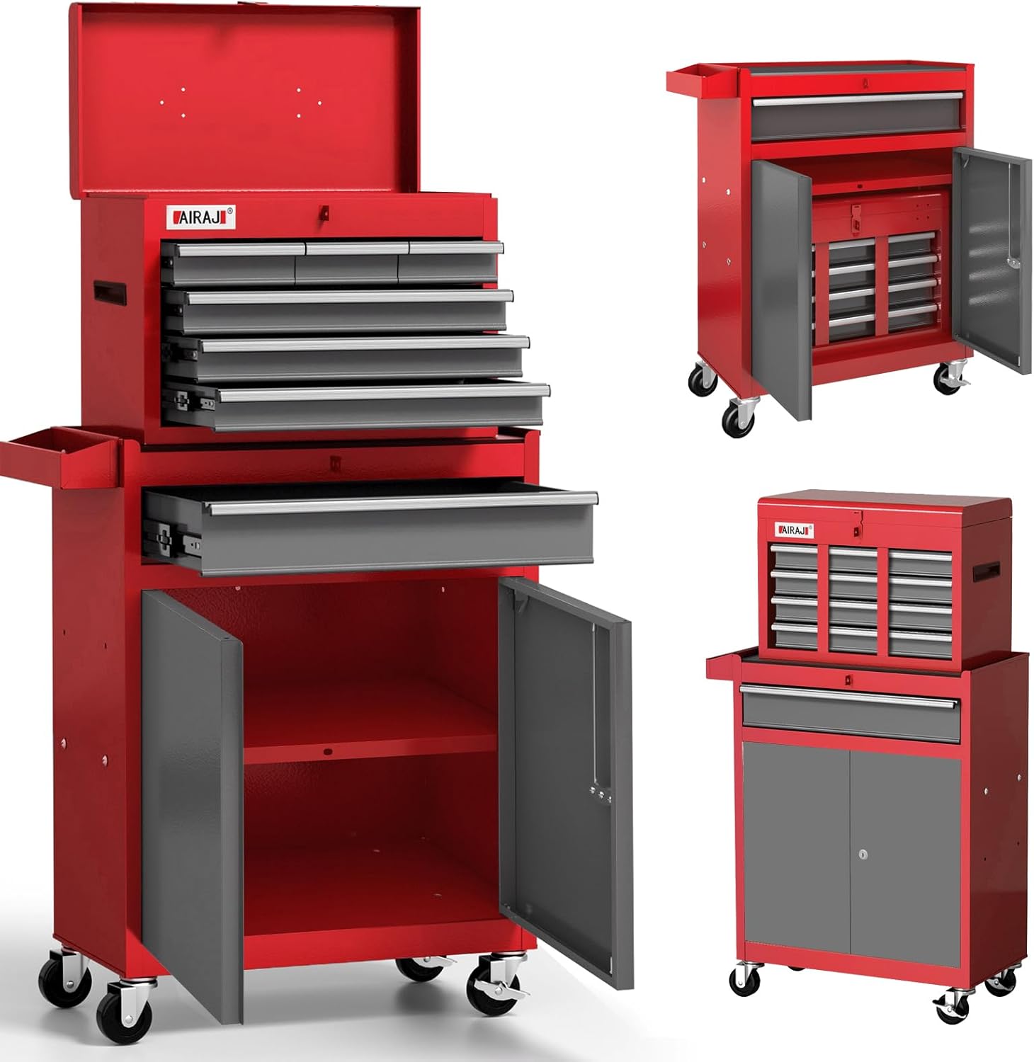 Tool Chest 7-Drawer | 40'' H Rolling Tool Chest with Wheels | Detachable Top Metal Tool Box | Garage Storage Cabinet for Repair Room,Warehouse | Rolling Tool Box with Hooks,Liners,Tray Divider | Red