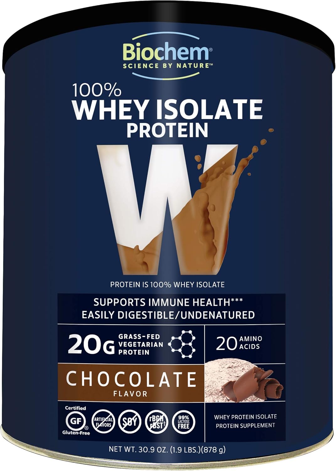 Biochem 100% Whey Isolate Protein - Chocolate - 30.9 oz - Pre & Post Workout - Meal Replacement - Keto-Friendly - 20g of Protein - Easily Digestible - Refreshing Taste - Easy to Mix