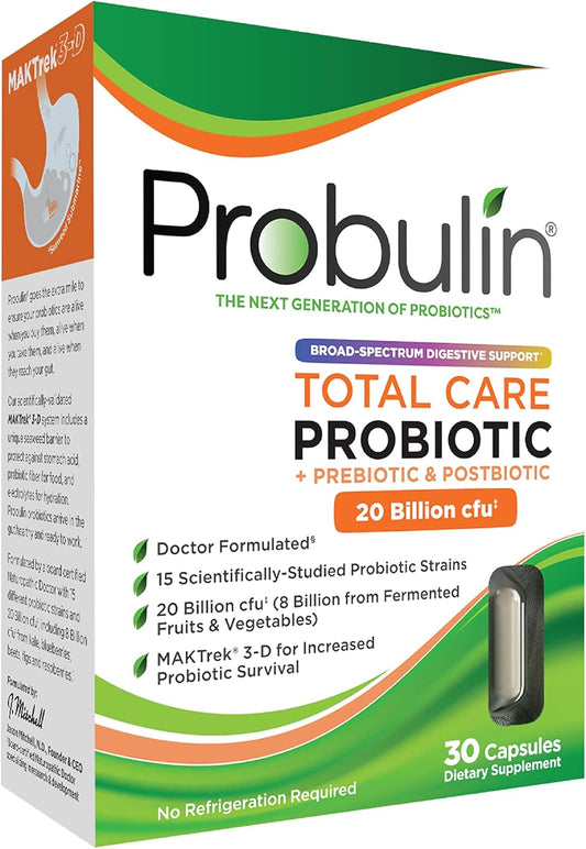 Probulin Total Care Probiotic Supplement, Daily Gut, Digestive, and Immune Health Probiotics Capsules for Men and Women, 20 Billion CFU, Vegan, 30 Count Box