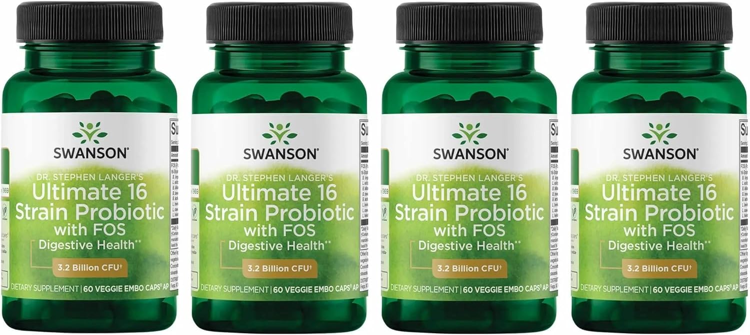 Swanson Dr. Stephen Langer's Formula - Natural Probiotic w\/Prebiotic FOS - 16-Strain Supplement Promoting Digestive Support w\/ 3.2 Billion CFU per Capsule - (60 Veggie Capsules) 4 Pack