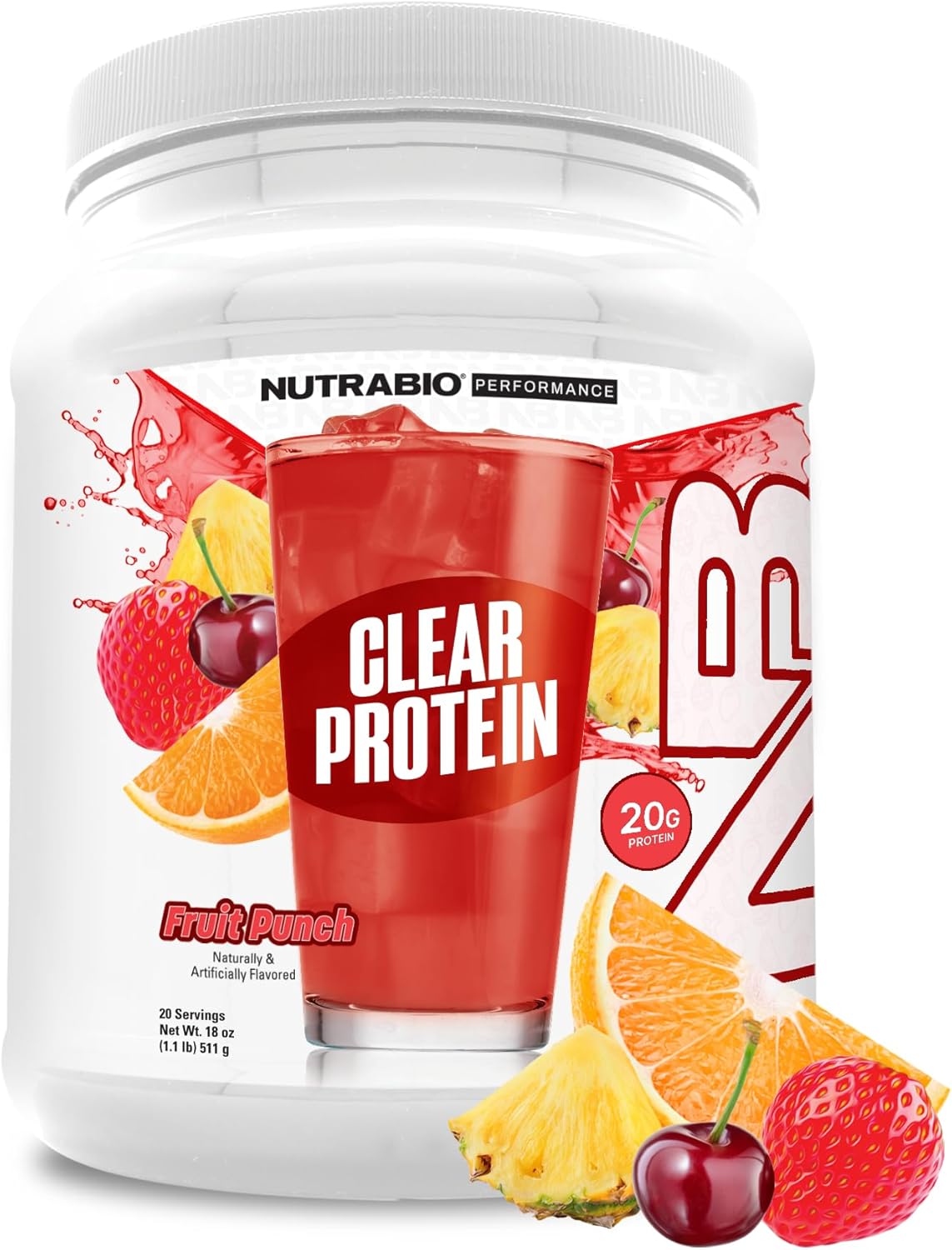 NutraBio Clear Protein Powder, Fruit Punch - 20 Servings, 20g Clear Whey Protein Isolate, 0 Sugar, 0g Lactose, Refreshing Fruit Flavors, GLP1 Support - Bone Health - Muscle Post Workout Recovery