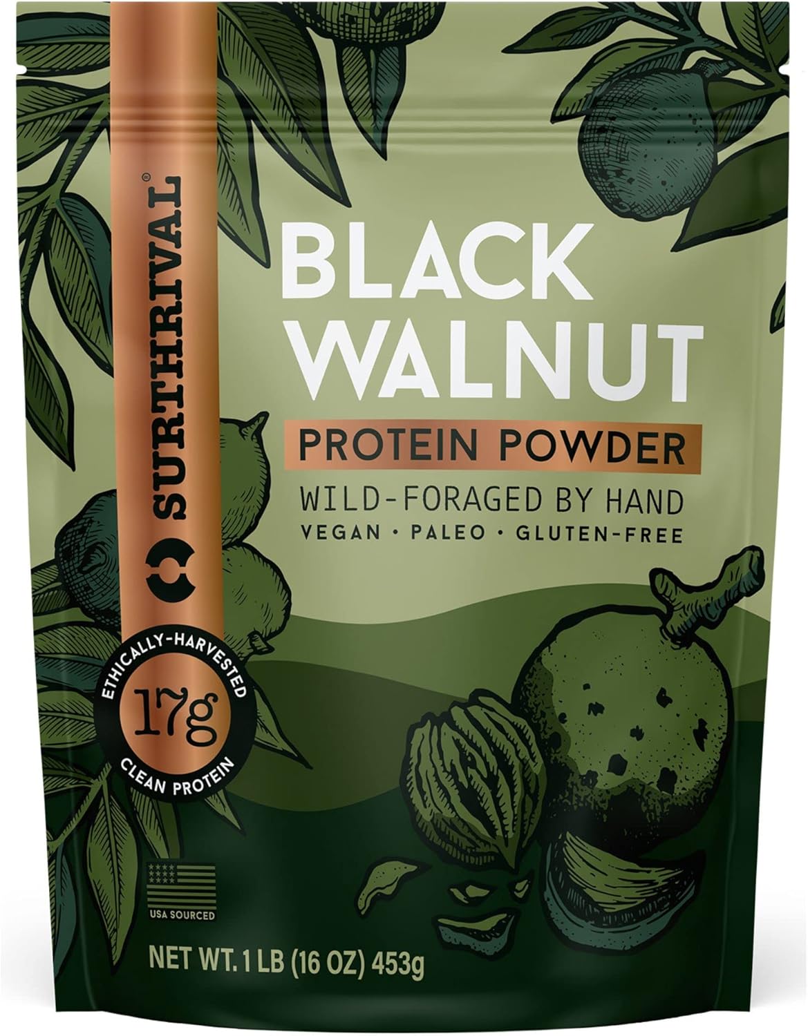 Surthrival: Black Walnut Protein Powder, Wild-Foraged, Ethically-Harvested, 17g Protein, USA Sourced, Vegan, Paleo, Gluten-Free, 1lb