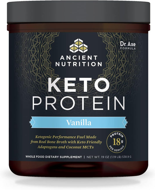 Ancient Nutrition Keto Protein Powder, KetoPROTEIN with Fats from Bone Broth and MCT Oil, Vanilla, 18g Protein 11g Fat Per Serving, Gluten Free, 17 Servings