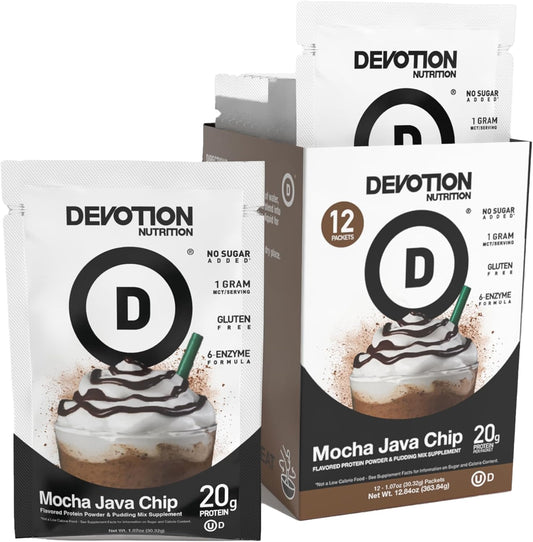 Devotion Nutrition Protein Powder Blend | Gluten Free, Keto Friendly, No Added Sugars | 1g MCT | 20g Whey & Micellar Protein | 12 Single Serving Packets (Mocha Java Chip)