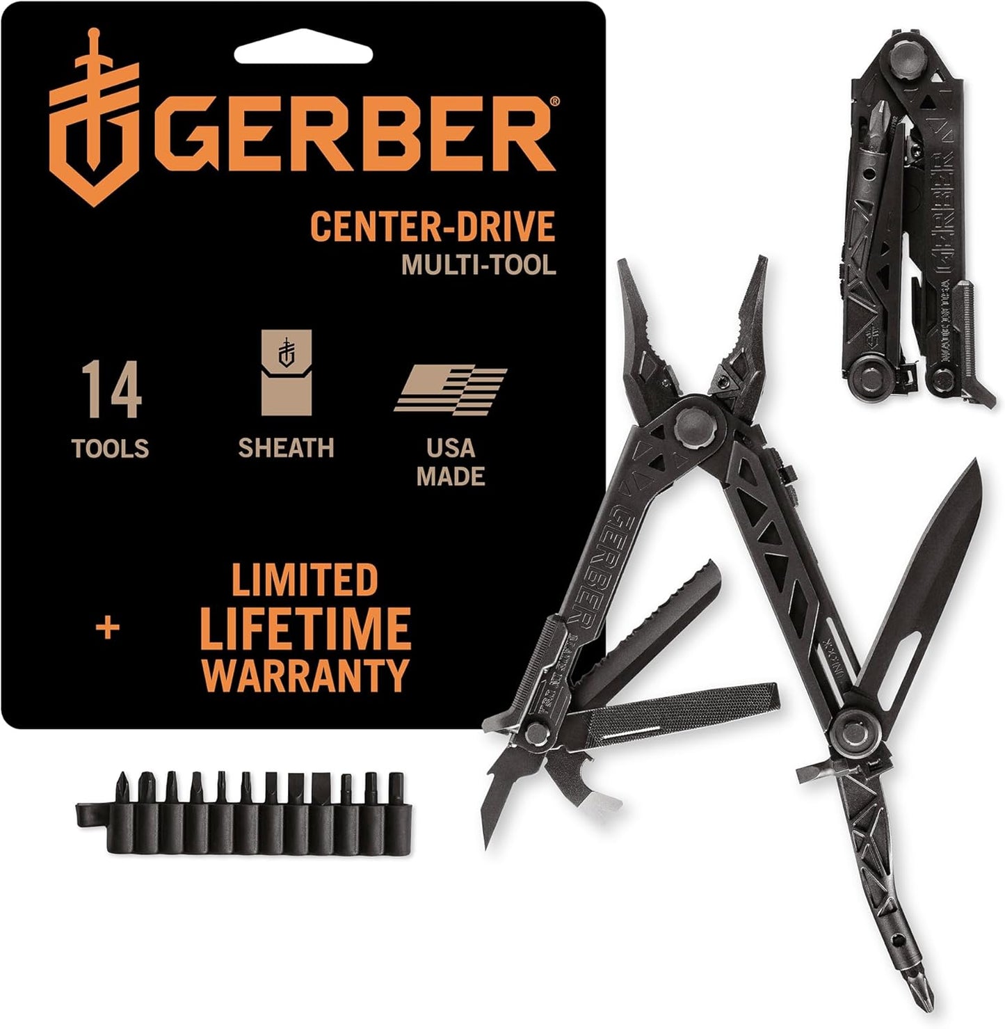 Gerber Gear Center-Drive Multitool - Includes 3.25" Plain Edge Knife, Needle Nose Pliers, Center-Axis Bit Driver, Wire Cutter, Pry Bar, Nail Puller - Comes with Bit Set & Sheath - Made in USA - Black