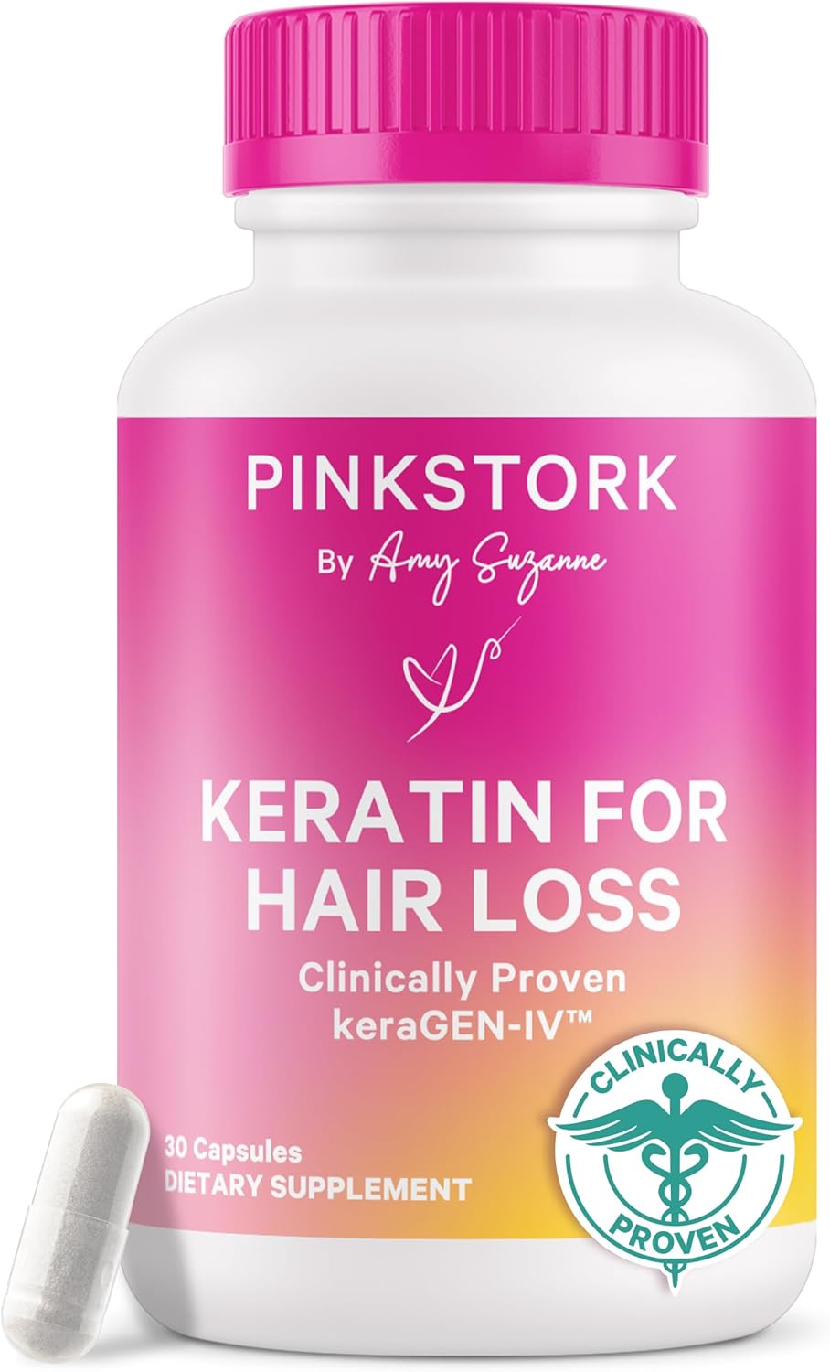 Pink Stork Keratin Hair Loss Supplement for Women - Clinically Studied KeraGEN-IV for Hair Care, Thinning, Shedding and Beauty - Hair Skin and Nails Support - Postpartum Hair Growth - 30 Capsules