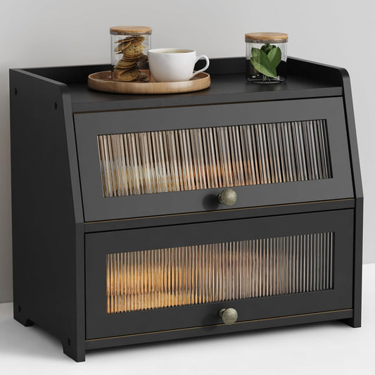 Goozii Large Bread Box for Kitchen Countertop, Black Bread Storage Container for Homemade Bread, Double Layer Farmhouse Breadbox Organizer for Kitchen Counter Cabinet, Pantry, Cupboard (Black)