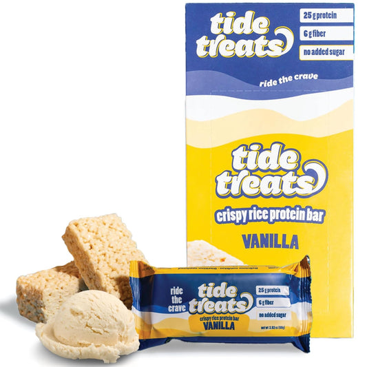 25g Protein Bar Crispy Rice Treat Vanilla | Clean Ingredients, No Added Sugar, 7g Fiber, Gluten Free | High Protein Snack for On-the-Go, Post-Workout or Dessert Cravings | 8 Count | TideTreats