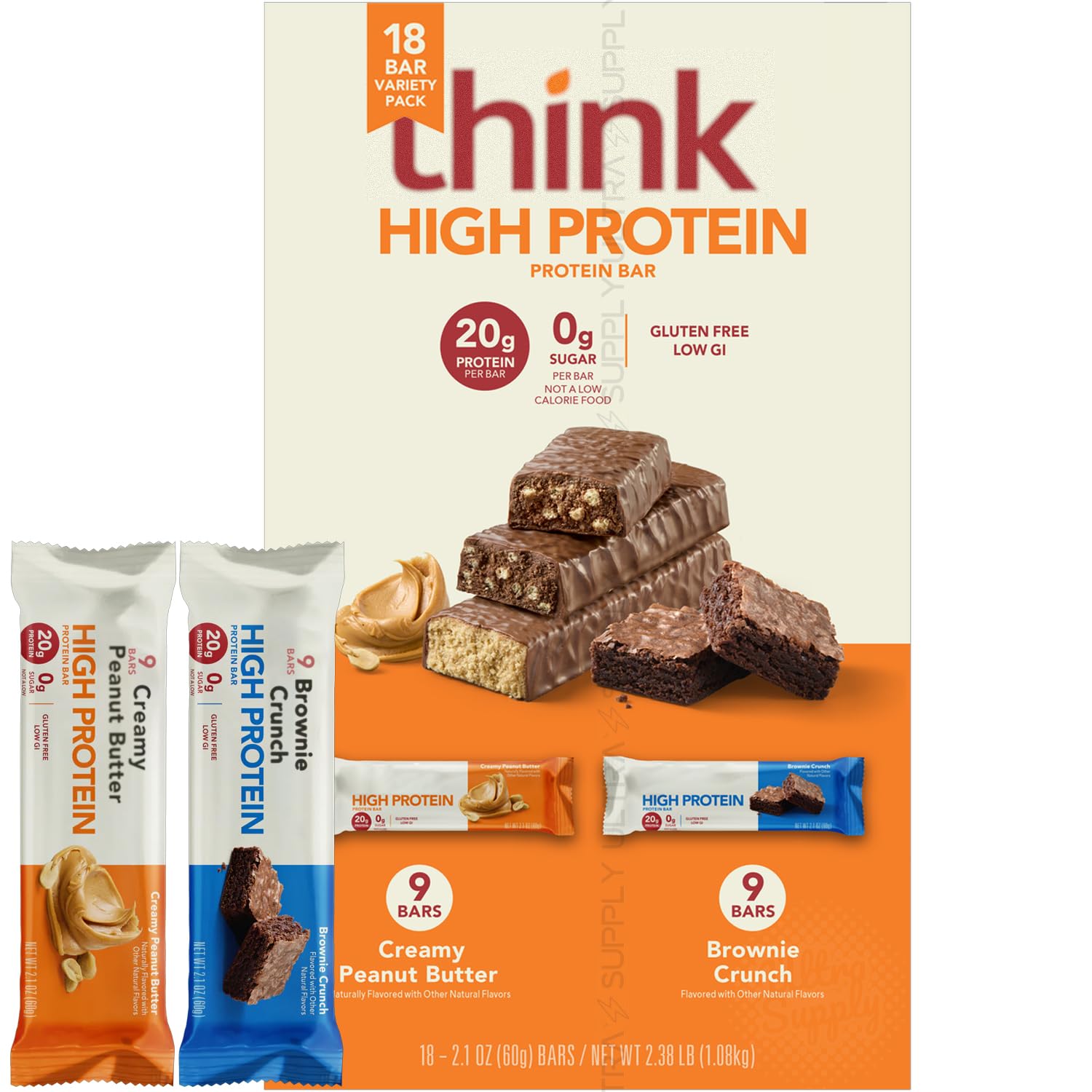 think High Protein Bars (18 Count.) Creamy Peanut Butter & Brownie Crunch, 20g Protein, 0g Sugar, Gluten-Free Snack Variety Pack