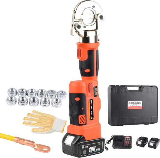 JIGONGSUN Electric Hydraulic Crimping Tool, 12 Ton 8AWG-600MCM Rechargeable Hydraulic Crimper for Cu\/Al Terminal, Wire Cable Lug Crimping Tool Kit (12 dies)
