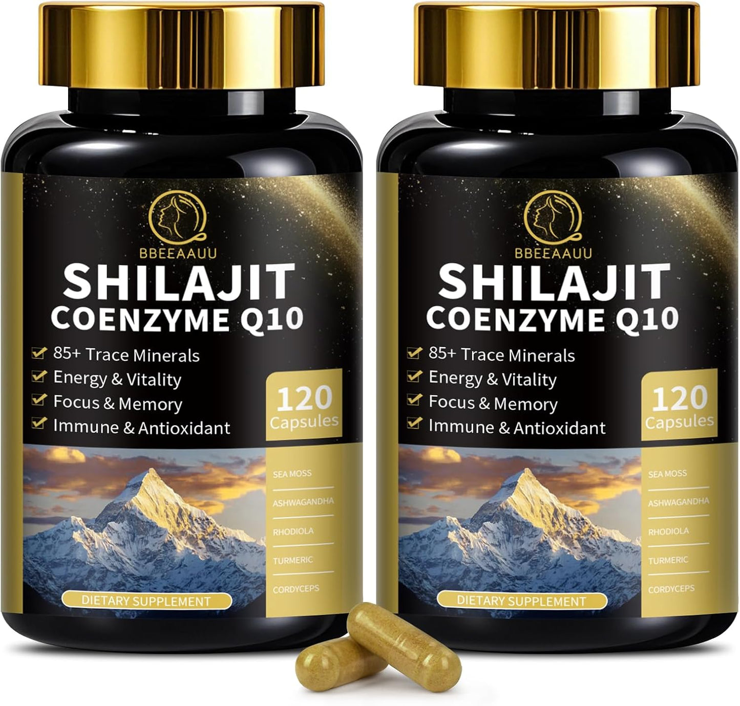 Shilajit Capsules with Sea Moss & Ashwagandha for Men & Women,12 in 1 Himalayan Shilajit Supplements with Coenzyme Q10, Fulvic Acid & Humic Acid, Lion's Mane, Energy & Immune, 120 Count, 2 Pack