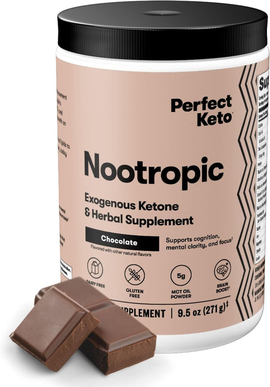 Perfect Keto Nootropic Brain Support, Caffeine Free Focus and Energy Supplement with Alpha Lipoic Acid, L Theanine, Ginkgo Biloba, Alpha GPC, MCT's, Collagen, Ketones, Chocolate Drink Mix, 15 Servings