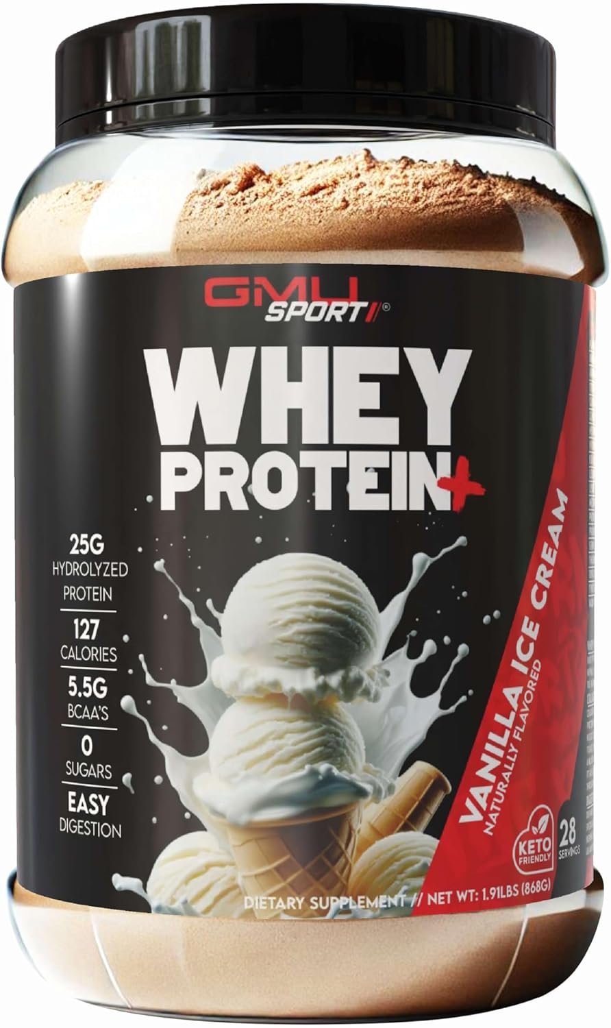 GMU SPORT Whey Protein Powder+ Concentrate 2lb | 25g Protein for Muscle Growth & Recovery | Delicious Flavor, Easy to Mix | Non-GMO, Gluten-Free |28 Servings Vanilla Protein Supplement