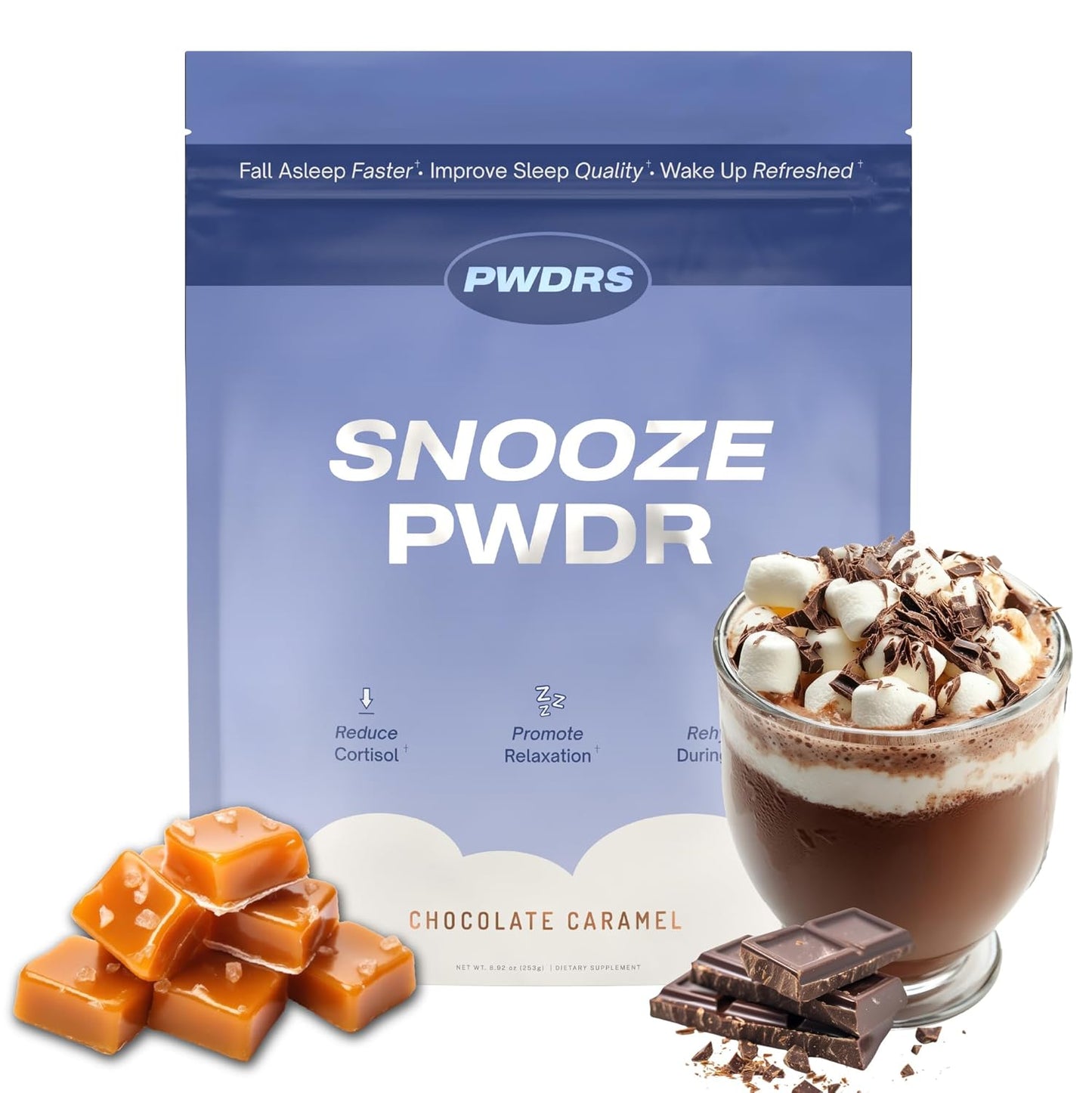 PWDRS Snooze Sleepy Time Hot Chocolate | All Natural Sleep Support | Magnesium Glycinate, L Theanine, Chamomile, Electrolytes | 20 Calories, Non GMO | Chocolate Caramel