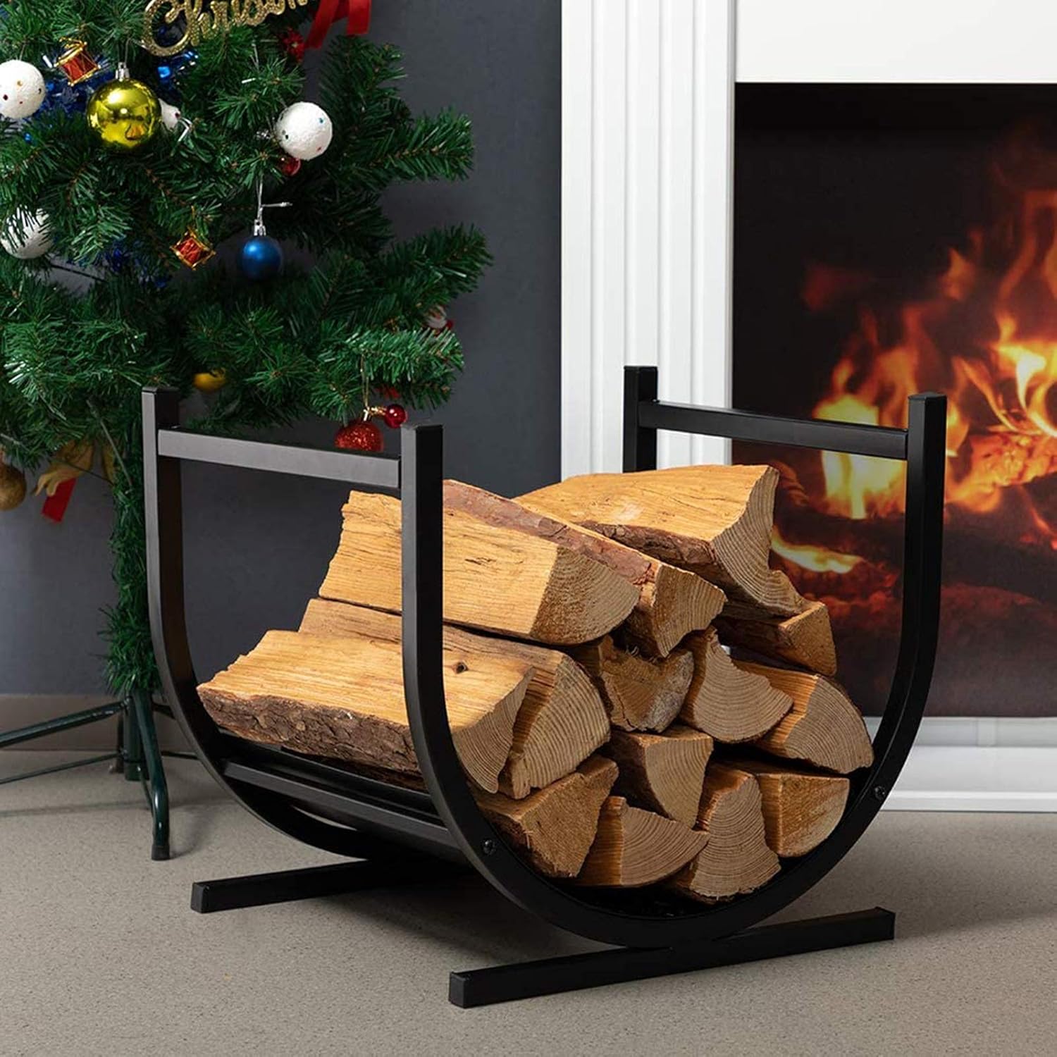 Arced Log Bin Holder 45cm Large, Metal Finish Firewood Racks with Handles, Curved Wood Cradle for Lumber Store/Camping(