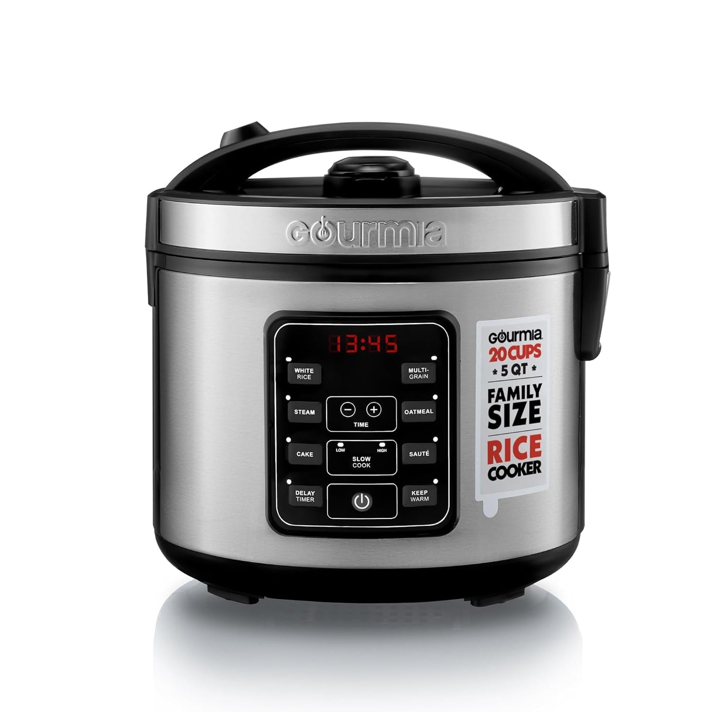 Gourmia Rice Cooker \u2013 5 Qt Capacity, 20 Cup Cooked, 10 Cup Uncooked, Digital Controls, 6 Cooking Presets, Grain Cooker & Steamer, Nonstick Pot, Steam Tray, Delay Timer, Keep Warm, Stainless Steel