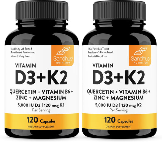 Sandhu's Vitamin D3 K2 Magnesium 5000 IU, 120mcg K2 Capsules 120 Count (Pack of 2) | with VIT B6, Zinc & Quercetin | D3K2 Supports Superior Absorption, Energy, Immune, Muscle Health for Men & Women