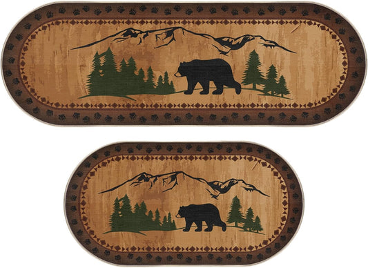 2 Pcs Bear Non Skid Rug Rustic Lodge Theme Area Rug with Bear and Cub Scene Cabin Rug Bear Farmhouse Rug Winter Kitchen Cabin Rug Christmas Bear Decor for Home Bathroom Bedroom Living Room
