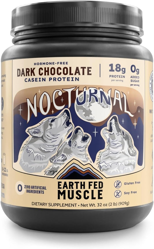 Earth Fed Muscle Nocturnal Casein Protein Powder – Dark Chocolate Protein Powder with Whey Blend – 18g Protein, Sugar Free, Gluten Free – Nighttime Recovery Protein Poweder – 2lb, 23 Servings