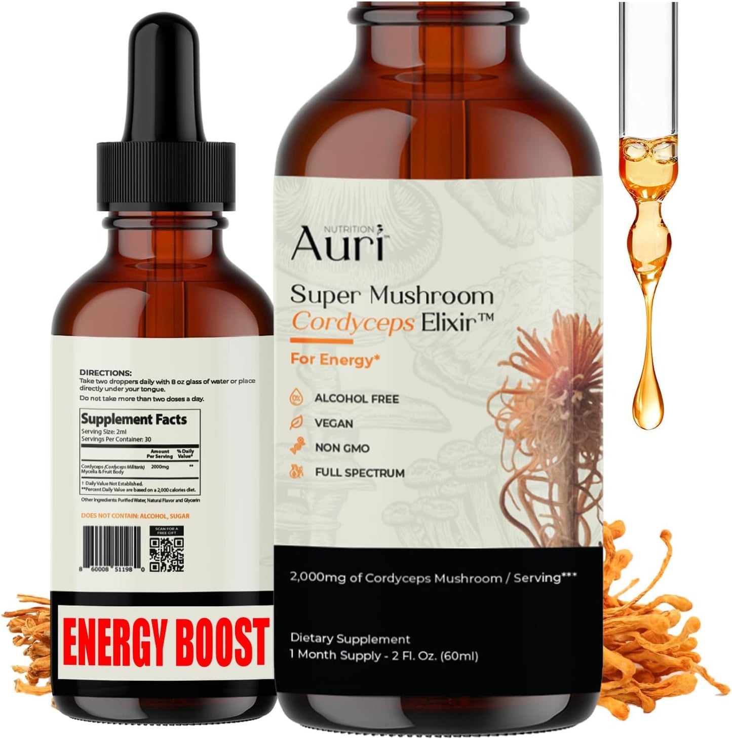 Auri Super Mushroom Cordyceps Elixir for Stamina, Natural Energy, Youthfulness and Longevity with Full Spectrum Support - Cordyceps Tincture 60 ml