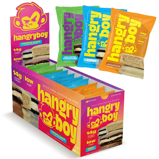 Hangryboy Protein Cookie Sandwich – 14g High Protein, Gluten‑Free, GMO‑Free Cookies - Perfect on The Go Protein Snack, Variety Pack, 12‑Count Box