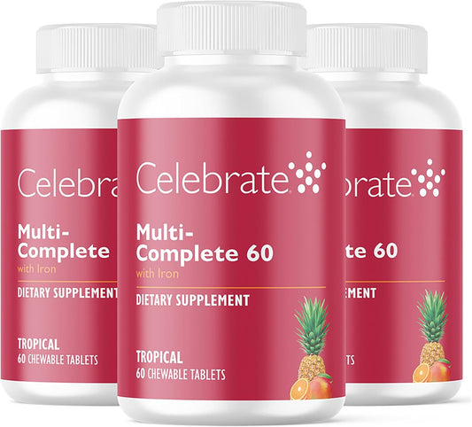 Celebrate Vitamins Multi-Complete Chewables, 60mg Iron – Daily Bariatric Multivitamin for Sleeve Gastrectomy & Gastric Bypass Surgery Patients – Essential Vitamins & Minerals - Tropical (180 Tablets)